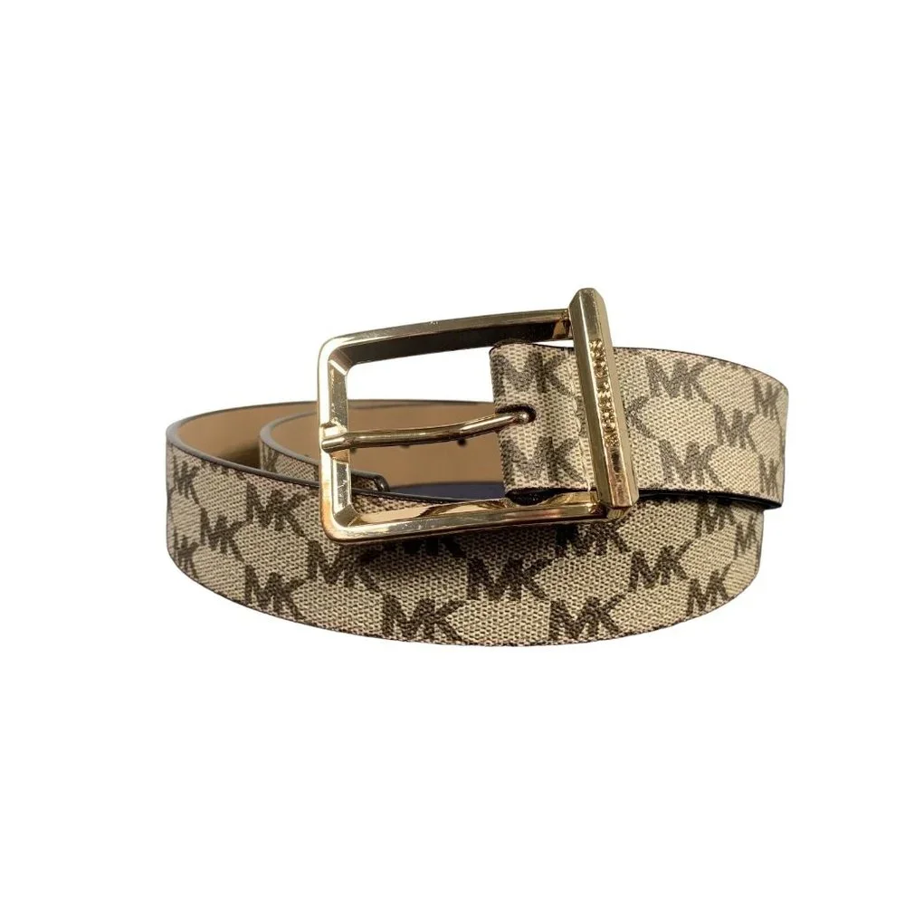Michael Kors Signature Belt Medium Ivory Brown Logo Gold Buckle New with‎ tags